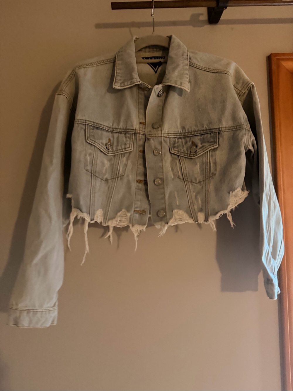 Cropped Distressed Light Wash Denim Jacket - Women